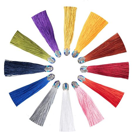 Polyester Tassel Pendant Decorations, with Cloisonne Findings, Antique Silver, Mixed Color, 180~185mm