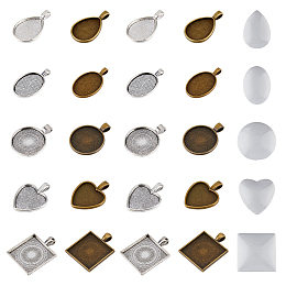 DICOSMETIC DIY Blank Cameo Photo Geometry Pendant Making Kit, Including Teardrop & Square & Oval & Flat Round Alloy Pendant Cabochon Settings, Glass Cabochons, Mixed Color, 40Pcs/box