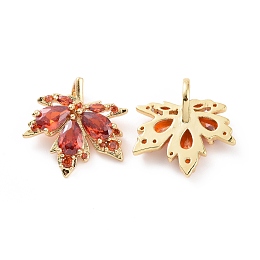 Honeyhandy Brass Micro Pave Cubic Zirconia Pendants, Real 18K Gold Plated, Maple Leaf Charm, Orange Red, 17x17x3mm, Hole: 2x5mm