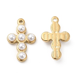 Honeyhandy ABS Plastic Imitation Pearl Pendants, with Tone Real 18K Gold Plated 201 Stainless Steel Findings, Cross Charm, White, 21x13.5x4.5mm, Hole: 1mm