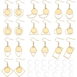 UNICRAFTALE 20 Sets 10 Styles Golden Dangle Earrings 304 Stainless Steel Earring Hooks with Flat Round Tray & Transparent Glass Cabochons Earring Components for DIY Jewelry Making