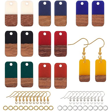 Olycraft DIY Dangle Earring Making Kits, include Resin & Walnut Wood Pendants, Brass Earring Hooks, Brass Jump Rings, Rectangle, Mixed Color, Pendants: 20.5x10x3~4mm, Hole: 2mm; 8 colors, 4pcs/color, 32pcs/box