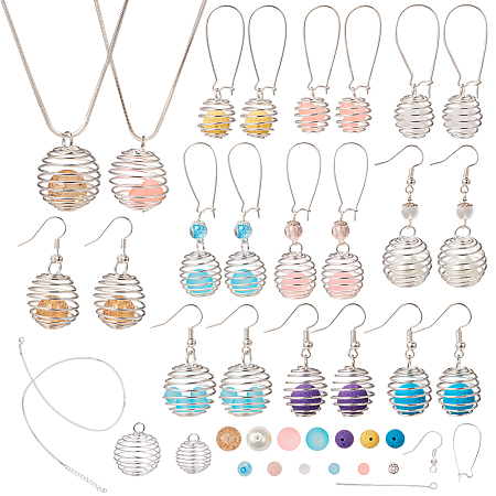 SUNNYCLUE DIY Jewelry Set Making, with Iron Wire Pendants, Cage Pendants, Natural Lava Beads, Transparent Glass Beads and Brass Earring Hooks, Mixed Color, 11.8x7.2x3.5cm