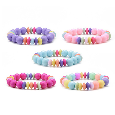 Honeyhandy Opaque Acrylic Round & Rondelle Beaded Stretch Bracelets, Childen Bracelets for Girls, Mixed Color, 3/8 inch(0.9~1cm), Inner Diameter: 1-3/4 inch(4.6cm)