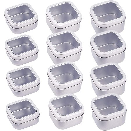 BENECREAT 12 Pack Tins Container(3 Mixed Size) Square Platinum Tin-plated Box with Lid and Clear Window Portable Empty Metal Tins Box Containers for Home Organizer