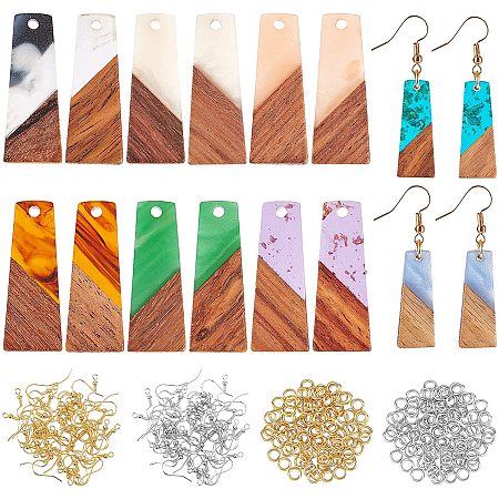 OLYCRAFT 176pcs Resin Wooden Earring Pendants Trapezoid Wood Statement Jewelry Findings Wood Earring Accessories with Earring Hooks Jump Rings for Necklace Jewelry Making - 8 Colors