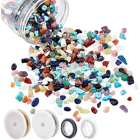 NBEADS Chips Gemstone Beads, 15 Styles Natural Irregular Chips Crystal Stone Beads 2 Rolls of Elastic Thread and 2 Rolls of Aluminum Wire for Jewelry Making DIY Craft Craft
