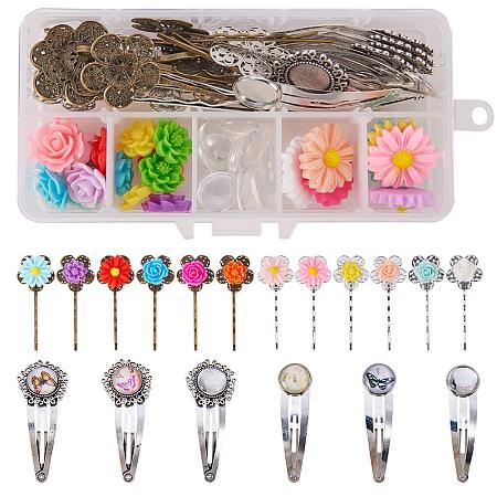 SUNNYCLUE 4 Style DIY Blank Hair Bobby Pins Snap Barrettes Hair Clips Bases Settings Tray Findings with 14mm Round Glass Flower Cabochon for DIY Craft Jewelry Making