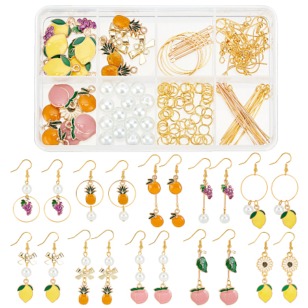 SUNNYCLUE DIY Fruit Dangle Earring Making Kit, Including Peach & Lemon & Pinapple & Orange & Grape Alloy Enamel Charms & Link Connectors, Brass Earring Hooks, Glass Pearl Beads, Mixed Color, 128Pcs/box