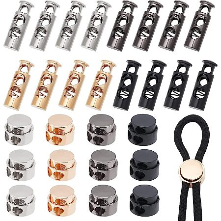 WADORN 48pcs Metal Toggle Spring Stoppers, 8 Styles Alloy Round String Cord Locks Ends Fastener Slider Toggle Clip Double Hole Drawstring Rope Elastic Adjustment Buckle for Clothing Shoelaces Backpack