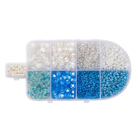 ARRICRAFT DIY Beads Jewelry Making Finding Kit, Including Glass Seed Beads, Transparent Heart & Letter Pattern Acrylic Beads, ABS Plastic Pearl Beads, Light Blue, Beads: 1210~1225pcs/set