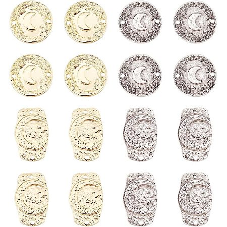 Arricraft 28 Pcs 16K Gold Connector Charms, Flat Round and Rectangle Double Loops Charms, Disc Moon Connector Charm Tray Pendants for Diy Necklace Bracelet Jewelry Making Crafts Accessories