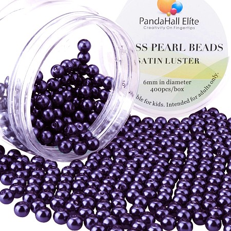 PandaHall Elite 6mm Violet Glass Pearls Tiny Satin Luster Round Loose Pearl Beads for Jewelry Making, about 400pcs/box