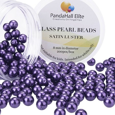 PandaHall Elite 8mm About 200Pcs Tiny Satin Luster Glass Pearl Round Beads Assortment Lot for Jewelry Making Round Box Kit Violet