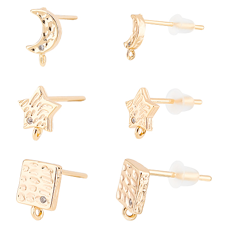 BENECREAT 18Pcs 3 Style Brass Cubic Zirconia Stud Earring Findings with Loop, with 40Pcs Plastic Ear Nuts, Moon & Star & Square, Real 18K Gold Plated, 7~8.5x5~6.5mm, hole: 0.5~0.7mm, Pin: 0.7mm, 6pcs/style