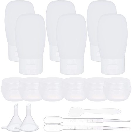 BENECREAT 12 Pack Travel Bottles Set, Plastic Squeeze Bottle and Mushroom Cosmetics Cream Jar with Hoppers, Droppers and Plastic Stick for Liquids, Shampoo and More