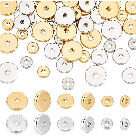 DICOSMETIC 60pcs 3 Sizes 6mm/8mm/10mm Golden and Stainless Steel Color Flat Round Beads Dics Spacer Beads Metal Loose Beads for Jewelry Making, Hole: 2mm