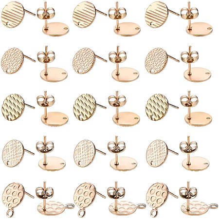 UNICRAFTALE 30pcs Rose Gold Textured Round Earring Studs Blank Earring Post with Loop Stainless Steel Stud Earring Findings with Loop and Ear Nuts for DIY Jewelry Earring Making 1.8mm Hole