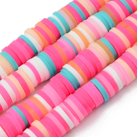Honeyhandy Handmade Polymer Clay Beads Strands, for DIY Jewelry Crafts Supplies, Heishi Beads, Disc/Flat Round, Hot Pink, 6x0.5~1mm, Hole: 1.8mm, about 320~447pcs/strand, 15.75 inch~16.14 inch(40~41cm)