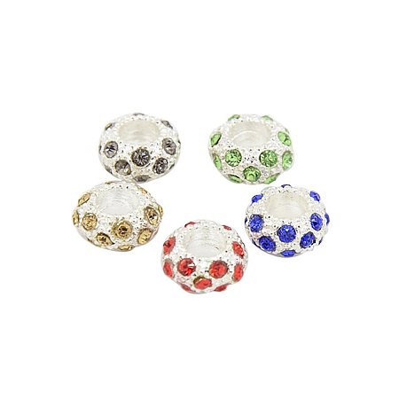 NBEADS 10 Pcs Random Mixed Color Alloy Rhinestone European Beads, Large Hole Rondelle Charms Beads fit Snake Chain Bracelet Jewelry Making