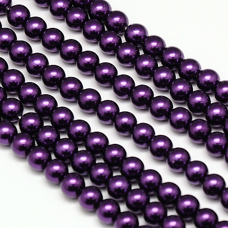 Environmental Dyed  Glass Pearl Round Bead Strands, Cotton Cord Threaded, Indigo, 8mm, Hole: 0.7~1.1mm; about 52pcs/strand, 15 inches