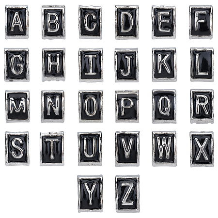 SUNNYCLUE Alloy Enamel European Beads, Large Hole Beads, Triangle with Initial Letter, Black, Platinum, 9.5x9x6.5mm, Hole: 5mm; 26 letters, 1pc/letter, 26pcs/box