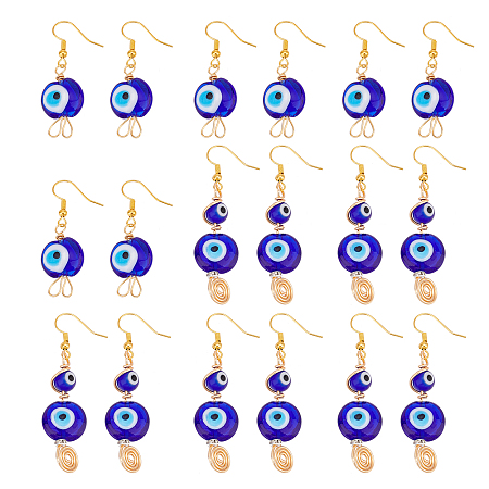 Arricraft Elit 8 Pairs 2 Style Lampwork Evil Eye Dangle Earrings, Gold Plated Brass Wire Wrap Jewelry for Women, Dark Blue, 45~57.5mm, Pin: 0.6~0.9mm, 4 Pairs/style