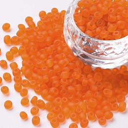 Honeyhandy Glass Seed Beads, Frosted Colors, Round, Orange, 4mm, Hole: 1~1.5mm, about 4500pcs/pound