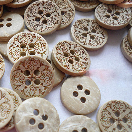 Honeyhandy Carved Round 4-hole Basic Sewing Button, Coconut Button, BurlyWood, about 13mm in diameter, about 100pcs/bag
