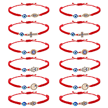 PandaHall Elite 2 Sets Resin Evil Eye Braided Bead Bracelets Set, Crystal Rhinestone Tree & Hamsa Hand & Cross Link Stackable Bracelets for Women, Red, 1-3/4~3-1/8 inch(4.6~7.9cm), 1pc/style, 6 style, 6pcs/set