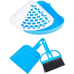 Plastic Small Animal Triangle Toilet Trainer Corner, with Mini Broom Brush and Dustpan Set, for Small Animal, Blue, 10x24x17cm