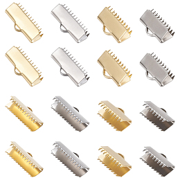 Unicraftale 304 Stainless Steel Ribbon Crimp Ends, Rectangle, Golden & Stainless Steel Color, 7.5~9.5x8.5~20.5mm, Hole: 1mm; 48pcs/box
