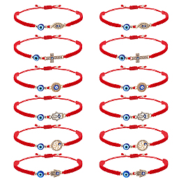 PandaHall Elite 2 Sets Resin Evil Eye Braided Bead Bracelets Set, Crystal Rhinestone Tree & Hamsa Hand & Cross Link Stackable Bracelets for Women, Red, 1-3/4~3-1/8 inch(4.6~7.9cm), 1pc/style, 6 style, 6pcs/set