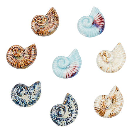 Handmade Porcelain Beads, Fancy Antique Glazed Porcelain, Sea Snail Shape, Mixed Color, 39~40x30~31x16.5~18mm, Hole: 2.5~3.5mm; 4colors, 2pcs/color, 8pcs/box