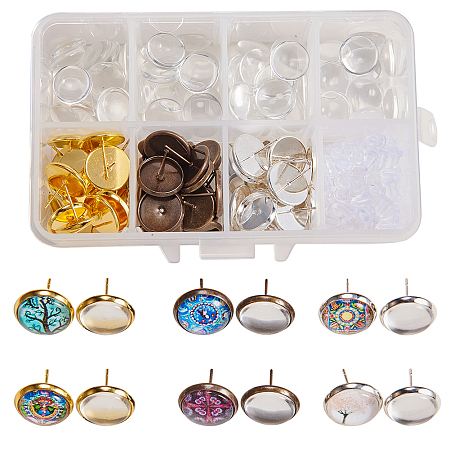 SUNNYCLUE DIY Earring Making, with Brass Stud Earring Findings, Clear Glass Cabochons and Clear Plastic Ear Nuts, Mixed Color, 11x7x3cm