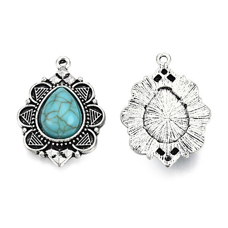 Honeyhandy Tibetan Style Alloy Pendants, with Synthetic Turquoise, Cadmium Free & Lead Free, Teardrop, Antique Silver, 35x25x6mm, Hole: 1.8mm