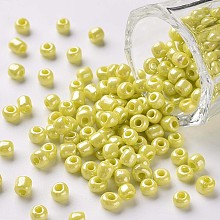 Honeyhandy 6/0 Opaque Colors Lustered Round Glass Seed Beads, Yellow, Size: about 4mm in diameter, hole:1.5mm, about 495pcs/50g