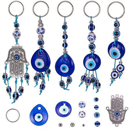 SUNNYCLUE DIY Keychain Making, Handmade Lampwork Evil Eye Pendants, Resin & Porcelain Beads, Alloy Chandelier Components Links & Iron Split Key Rings, Waxed Cotton Thread Cords, Platinum, 12x10cm
