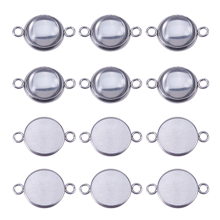 DIY Link Making, with 304 Stainless Steel Cabochon Connector Settings and Transparent Glass Cabochons, Stainless Steel Color, 74x72x17mm; 60pcs/box