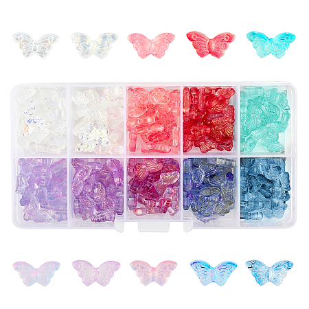 SUPERFINDINGS Electroplate Transparent Glass Beads, include Transparent & AB Color Plated & Glitter Powder Style, Butterfly, Mixed Color, 14.5x8x3.5mm, Hole: 0.8mm, 10 colors, 20pcs/color, 200pcs/box