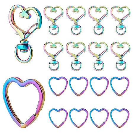 PandaHall Elite 10Pcs Rainbow Color Plated Iron Split Key Rings, with 10Pcs Alloy Swivel Snap Hooks Clasps, Heart Pattern, Swivel Snap Hooks Clasps: 35x24mm, Key Rings: 31x30.5x3mm, Inner Diameter: 26x25mm