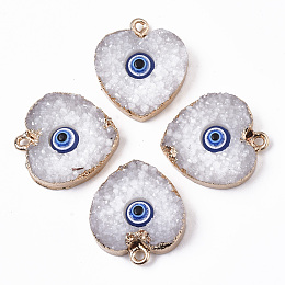 Honeyhandy Druzy Resin Pendants, with Edge Light Gold Plated Iron Loops, Heart with Evil Eye, White, 22~23x19x5.5mm, Hole: 1.8mm