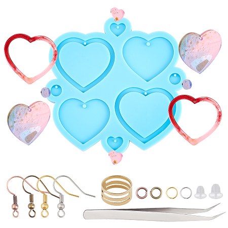Olycraft DIY Heart Shape Earring Silicone Mold Kits, Include Brass Earring Hooks, Plastic Ear Nuts & 304 Stainless Steel Beading Tweezers, Blue, 6.8x5.2x1.1cm