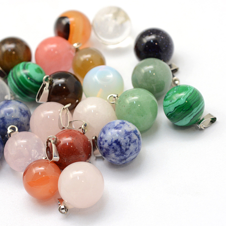Natural & Synthetic Mixed Gemstone Pendants, with Platinum Tone Brass Bails, Round, Mixed Dyed and Undyed, 17~19x13~14mm, Hole: 2x7mm; 16 colors, 1pc/color, 16pcs/set
