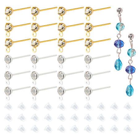 Brass Post Earring Findings, with Loop and Rhinestone, Plastic Ear Nuts, Mixed Color, 15x4mm, Hole: 0.5mm; Pin: 0.8mm, 2 colors, 60pcs/color