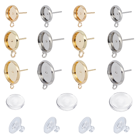 SUPERFINDINGS DIY Stud Earring Making Kits, include Brass Stud Earring Settings, Silicone Ear Nuts and Transparent Glass Cabochons, Platinum & Golden, Stud Earring Settings: Tray: 8mm/10mm/14mm; 36pcs/box