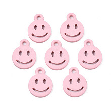 Honeyhandy Spray Painted Alloy Charms, Cadmium Free & Lead Free, Flat Round with Smiling Face, Pink, 12.5x9.5x1.5mm, Hole: 1.5mm