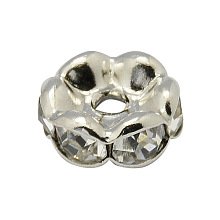 Honeyhandy Brass Rhinestone Spacer Beads, Grade A, Wavy Edge, Platinum, Rondelle, Crystal, 6x3mm, Hole: 1mm