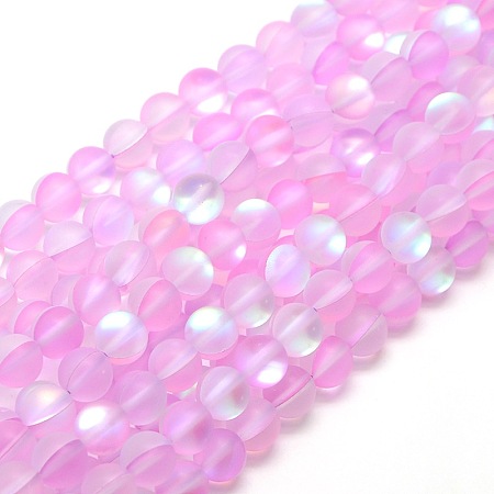 ARRICRAFT Synthetic Moonstone Beads Strands, Holographic Beads, Half AB Color Plated, Frosted, Round, Pearl Pink, 6mm, Hole: 1mm, about 60pcs/strand, 15 inches