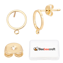 Beebeecraft 20Pcs Brass Stud Earring Findings, with 20Pcs Brass Ear Nuts, Open Ring with Loop, Golden, 12.5x10mm, Hole: 1.4mm, Pin: 0.7mm
